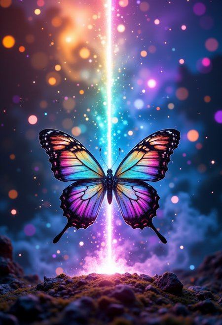 cinematic photo a radiant rainbow fountain bursts forth from a kaleidoscope of glittering gemstones, as a majestic butterfly with iridescent wings and a trail of sparkling stardust unfurls its delicate beauty amidst the shimmering mist, surrounded by a chorus of singing fireflies and a procession of gleaming lanterns carried by dancing clouds. . 35mm photograph, film, bokeh, professional, 4k, highly detailed
 , aidmafluxpro1.1, aidmaimageupgrader, aidmaHyperrealism