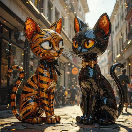 <lora:ck-Ivan-Beslic-Art-Style-000019.safetensors:1> A highly detailed and vibrant digital painting in the style of ck-ib
In a hyperrealistic 3D-rendered scene, two striking cat sculptures stand at the center, their glossy finishes reflecting the dynamic lighting. The left cat, a vivid blend of bold orange and black stripes, exudes a playful yet modern artfulness. Its large, expressive eyes, glossy white, give it an endearing and cartoonish charm. A small, black ribbon ties neatly around its neck, adding a touch of elegance. The cat’s tail curls elegantly, capturing a moment of poised anticipation, while its sleek body curves in an exaggerated, fluid form.
To the right, the second cat contrasts sharply with its sleek, glossy black exterior, embodying refined and fluid sophistication. Its eyes, a piercing yellow, stand out dramatically against its dark coat. The inner part of its ears, painted a subtle orange-red, adds a warm, understated touch. A golden bow adorns its neck, complementing the shiny black surface and enhancing its playful sophistication. The curvature of its tail mirrors the left cat, yet with a unique twist, creating a visually balanced and harmonious scene.
The lighting is intense and cinematic, with strong sunlight casting sharp shadows and creating lens flares that add to the scene's dramatic tension. The reflective surfaces of the sculptures catch the light, highlighting the intricate details and textures of the fabric, metal, and glowing energy effects. The background remains neutral, ensuring all focus remains on the vibrant and lifelike artistry of the sculptures.
The atmosphere is vibrant and energetic, with a sense of confidence and heroic intensity. This scene beautifully captures the synthesis of modern art aesthetics and anthropomorphic character design, engaging viewers with its lively and detailed portrayal.