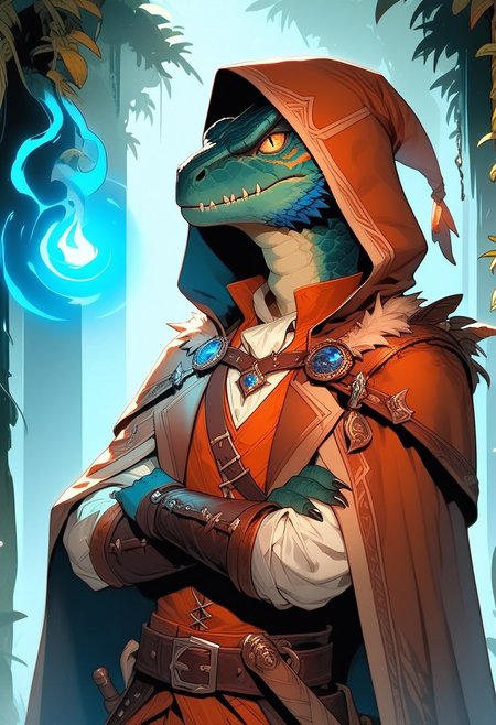 score_9, score_8_up, score_7_up, A 23 year-old dinosaur with dark blue scales and an athletic build is in the middle of a dark forest, a serious, angry expression on his face, a scar under his eye. He is secretly carrying a mysterious old magic tome, gleaming in a blue light, under his arm. The dinosaur is dressed like a bounty hunter, with a long, worn out coat. Underneath the coat he is wearing a deep-dark-red hoodie that helps him hide his head, he is wearing long, dark adventurer pants and long brown boots, on his hips lays a sword to protect himself. The dinosaur is secretly protecting his cursed book under his arm. while an owl rests on his shoulder. vivid colors, high res., 4k, dinosaur , reptile, fantasy world, owl_on_shoulder, book, magic book. hood over head