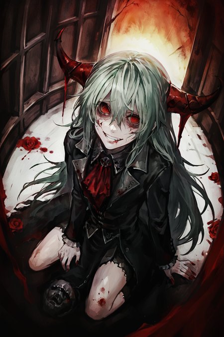 masterpiece,best quality,1boy,from above,androgynous,kneeling,look up,devil,horns,very long hair,light green hair,hair between eyes,red eyes,(a look of disbelief:0.9),(bitter smile:0.9),(eyes wide:0.8),grief,beautiful,crazy,blood,wounds,hurt,injured,frilled shirt,ascot,frock coat,breeches,torn clothes,bloody clothes,pointed nails,inside a cage,bloody sunset,gloomy,gothic,skull,rotten rose,fallen candelabrum,<lora:æ©æ¯ãããXLlokr4f:0.75>,<lora:ziyunXLlokr8f:0.3>,