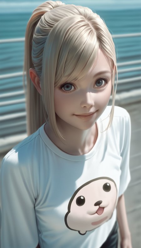 score_9,score_8_up,score_7_up,
<lora:Leanne:0.9>,
highres,photorealism,
1girl,solo,blonde hair,long hair,bangs,ponytail,
blue eyes,looking at viewer,smile, 
white long sleeve shirt,animal print,black cropped pants,
upper body, from above, 
outdoors,sky,airscape,