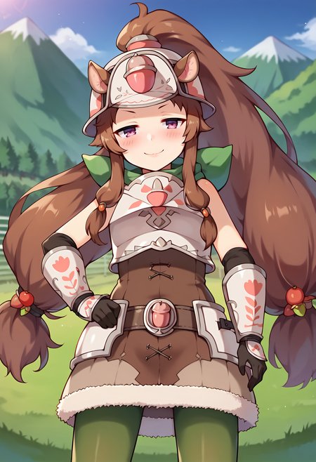 score_9, score_7_up, hd, (ultra hd quality details), source_anime, blurry background, farm, mountains,
solo, 1girl, pcrrin, squirrel girl, twintails, low-tied long hair,
rinran, ponytail, helmet, armor, breastplate, gloves, brown dress, fur trim, pantyhose,
looking at viewer, blush, :3, smile, half-closed eyes,
hand on own hip, from below,
<lora:_rin_pcr-elesico-pony:1>