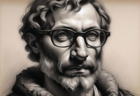 (masterpiece), 
Black and white Renaissance drawing of a mid-age man, short beard, large glasses,
Black and white tones,
HDR, highly detailed, 32k, 
looking at viewer, Style-Renaissance