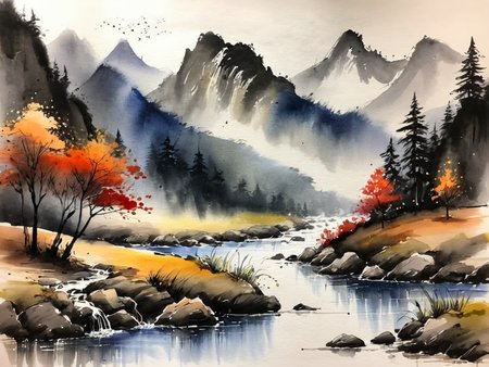 ink art landscape of a mountain river style by RM <lora:russ-mills-style:0.6>