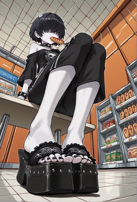 masterpiece, best quality, 
(torn shirt), 
(low angle:1.2), foreshortening,
from side,
feet, toes, perfect feet, 5 toes, (detailed feet), 
(black toenail polish:1.1),
(aiermei sandals), foot focus, black footwear, (platform footwear:1.1),
short hair, (hair over eyes:1.2), black hair,
nsfw, 1girl,
spike choker, spike bracelets,
expressionless,
(goth:1.2),
(pale skin:1.2), (white skin:1.1),
cuteness fang, (small white cone horns),
medium breasts, petite, (narrow hips:1.2),
(thin legs:1.15), (skinny legs:1.15), (slender legs:1.1), (slender torso:1.2), 
oversized shirt, off shoulder shirt, (very loose shirt:1.2),  
(capri pants:1.1), sweatpants, (loose pants:1.1), (lowleg:1.2), groin,
shopping mall food court, sitting on a table, bright background, busy background,
(eating a corndog),