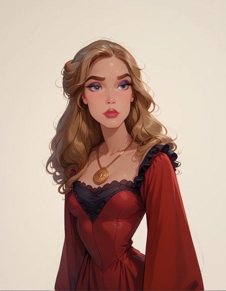 <lora:Disney_Style:.9> <lora:princess_xl_v2:.75> <lora:add-detail-xl:.9> <lora:g0th1cPXL:.3> <lora:Cherry-Gig:.45> <lora:Expressive_H:1> <lora:PLASTT_PonyV6:1> <lora:Elizabeth_Swann_ZairaSass_v1:1> score_9, score_8_up, score_7_up, zPDXL, DisneyRenstyle, score_9,score_8_up,score_7_up,score_6_up, 
(white background, plain background, ambient light), (standing, 3/4 view), 
1girl, solo, sexy 18 year old, british girl, (Elizabeth Swann, Black Pearl), perfect face, beautiful face, defined cheekbones, defined jawline, light brown hair, thick hair, thick dark eyebrows, dark brown eyes, dark lashes, thin lips, nude colored lips,  
confident expression, narrow eyes, one hand on hip, perfect hands, 5 fingers, slender waist, tall, slender, sexy, 
big red dress, red sleeves, black frills, white tunic, gold medallion necklace,