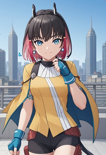 score_4,score_5,score_6,score_7_up,score_8_up,score_9
((masterpiece,best quality,ultra detailed,highres,HD,4k:1.2)),
1 cute girl,girl forcus,
Kirin,multicolored hair,short hair,black hair,pink hair,blue eyes,tattoo,sidelocks,black head gear,black head ornaments,
yellow cape,yellow top,white shirt,fingerless gloves,shorts,black shorts,jewelry,earrings,
city,Blue butterflies fluttering, blue butterflies,
from front,front view,front angle,
smile,light smile,,looking at viewer,