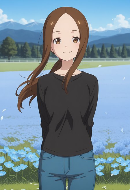 anime screencap, masterpiece, best quality,
<lora:KarakaiJouzuNoTakagi-San_Takagi(Adult)_IlluXL:0.9>,
1girl, solo, smile,
low ponytail, parted bangs, forehead, long hair, brown hair, brown eyes,
black shirt, long sleeves,, jeans, denim,
standing, arms behind back, looking at viewer, floating hair, petals, cowboy shot,
outdoors, scenery, tree, mountainous horizon, grass, flower field, blue sky, photo background, blurry background