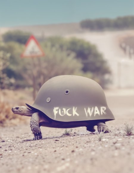 A humorous and symbolic image of a turtle walking along a dirt road, wearing a military-style helmet. The turtle is positioned sideways, showing its full body and slow movement. The helmet is large compared to the turtle’s size and covers most of its shell, sitting loosely on its back. The helmet is olive-green, with the bold text "FUCK WAR" written in white graffiti-style letters on its side. The scene is set on a dirt or gravel road, with a blurred, natural background of bushes, greenery, and a road sign in the distance. The road sign in the background is triangular with a red border, indicating a warning or caution, adding to the overall theme of the image. The lighting is natural, with a soft focus on the turtle and the helmet, while the background is more out of focus, emphasizing the turtle as the main subject. The mood of the image should blend humor and anti-war symbolism, highlighting the contrast between the turtle’s peaceful nature and the aggressive message on the helmet.
