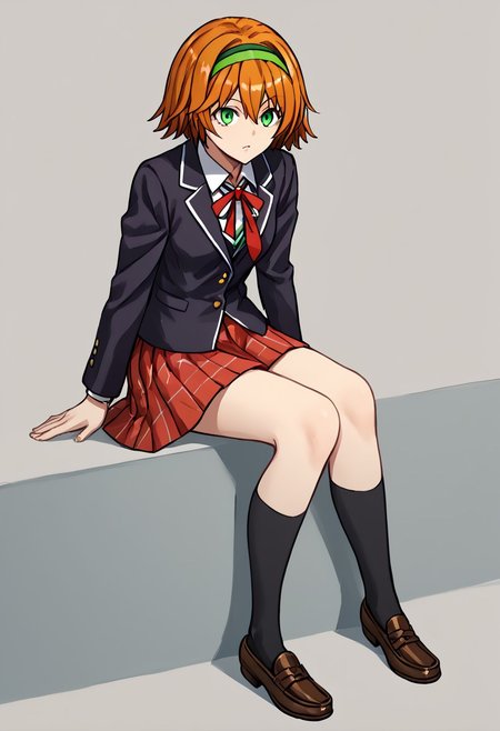 score_9, score_8_up, score_7_up, score_6_up, score_5_up, score_4_up, source_anime, solo, 1girl, 
Madoka Harumi, green eyes, orange hair, brown hair, short hair, green hairband, between eyes,, school uniform, skirt, socks, plaid, plaid skirt, kneehighs, pleated skirt, serafuku, plaid, kneehighs, black socks, jacket, shoes, blazer, red skirt, loafers, 
masterpiece, best quality, very aesthetic, absurdres,