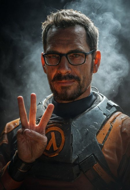 Showing three finger, belomo_kodak_gold, three-finger, mystic haze, dusty atmosphere, closeup, photorealistic, amazing quality, masterpiece, best quality, hyper detailed, ultra detailed, UHD, perfect anatomy, portrait, dof, hyper-realism, majestic, awesome, inspiring, CloseUp Portrait of a Real gordon freeman showing three finger, one Hand Up, charming but tired Smile, skin Details, very detailed skin and scar, old skin, Epic beard, Closeup, looking at Viewer,  atmospheric haze, mystic Haze, veiled in shadows in an dark alley, steaming drain backdrop, cinematic composition, soft shadows, very detailed, hd, RAW photograph, masterpiece, top quality, best quality,