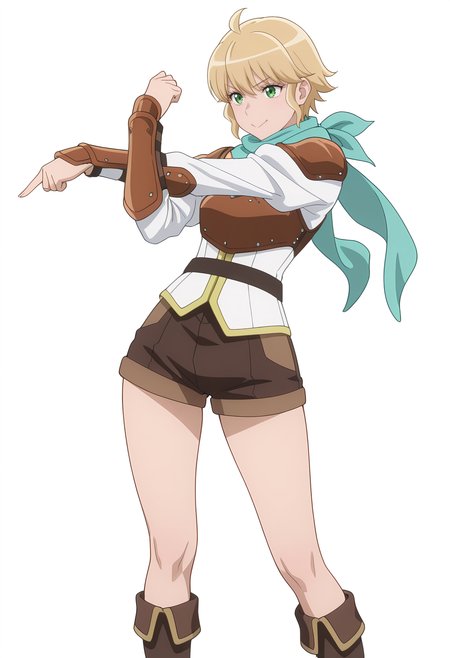 Smooth Quality,masterpiece,very intricate, high quality details, ultra realistic, high detailed skin,
simple background, white background,
front view,:>=,pointing forward,stretching, one arm raised, other on hip, slight side bend, relaxed body,  ,
 <lora:Rembrandt_Yunocnn:0.8> rembrandtyuno/cnn, blonde hair, solo, green eyes,1girl,aqua scarf, 
armor, shorts,boots,