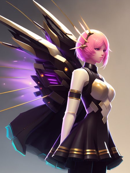 cyberpunk digital painting full body portrait of newtkn alisabcnv, art by midjourney, mechanical wings, glowing mecha, dark atmosphere, silhouette, detailed dark portrait, black, low saturation