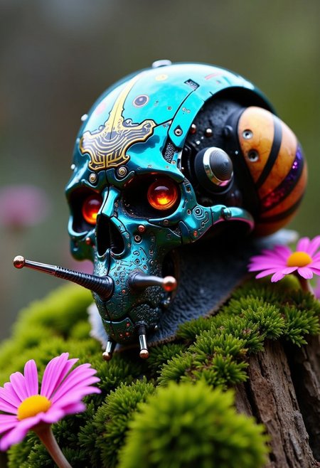 A close up of a snail with a cyborg skull shell, mossy, flowers, colorful,  sparkling, cyborg snail robot
