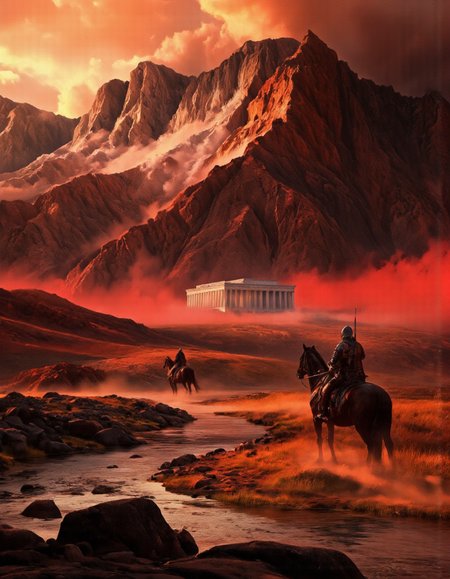 Art by Zhang Jing. A digital illustration shoot from a far camera angle about a dramatic landscape scene featuring two silhouetted figures on horseback in front of a distant temple, set against a backdrop of mountains and a distant mountain range. the scene is set in a desert landscape with a river in the foreground, surrounded by rocky terrain and vibrant orange and red hues. on the left side of the image, a warrior, wearing a helmet and holding a sword, appears to be facing away from the viewer, while on the right side, another figure, wearing armor and a helmet, is also facing away. they appear to be in a battle-ready stance, with swords drawn and ready for battle. in the background, a large, white, ancient temple with columns stands tall against the rocky mountains, adding a sense of grandeur to the scene. the sky is a mix of vibrant oranges and pinks, with a few clouds scattered across it, and the overall atmosphere is dramatic and dramatic. the overall style is reminiscent of fantasy art, with detailed textures and vibrant colors that bring the scene to life.