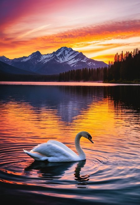 Vibrant sunset over a serene lake with misty mountains in the background. A majestic swan glides effortlessly across the calm water, its feathers glistening like polished jewels as it leaves behind a trail of ripples and reflections. The sky is painted with hues of fiery orange, warm yellows, and soft pinks, gradually transitioning into a deep blue towards the horizon. In the foreground, lush greenery and wildflowers sway gently in the breeze, adding pops of color to the scene. The atmosphere is peaceful, inviting, and full of life., 2000s vintage RAW photo, photorealistic, film grain, candid camera, color graded cinematic, eye catchlights, atmospheric lighting, imperfections, natural, shallow dof, High level of detail to create a photographic-like image, focusing on lighting, realistic textures, hyperdetailed.