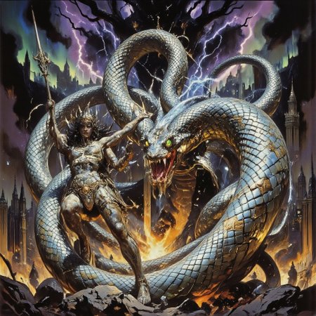 In a futuristic cyberpunk reimagining of Norse mythology, a cyber-valkyrie engages in a fierce battle against the massive Jörmungandr. The valkyrie’s sleek, high-tech armor glows with pulsating runes, blending ancient Nordic designs with advanced technology. Her helmet, crowned with illuminated wings, projects a holographic display, and her spear crackles with electric-blue energy, leaving trails of light with every strike. The Jörmungandr is an enormous cybernetic serpent, its body made of segmented, iridescent scales engraved with glowing runic patterns. Its eyes burn like molten magma, and its fanged maw drips with acidic, neon-green venom. The serpent’s movements are both mechanical and organic, its body coiling around shattered remnants of a futuristic Asgard. The battlefield is a cyberpunk Ragnarok—a ruined cityscape where towering skyscrapers are fused with ancient stone temples. The sky above is a chaotic blend of auroras and storm clouds, with flashes of lightning illuminating the metallic combatants. A digitalized Yggdrasil looms in the background, its branches flickering like a corrupted network, as sparks and debris fill the air. The scene captures the epic struggle between advanced technology and mythical power. metallic snake, metal snake, snake, Frank Frazetta fantasy oil painting, G0thicL1nes, aidmaMJ6.1, drkfnts style
