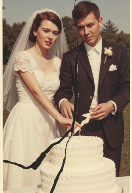 Vintage Experimental wedding day candid photo, spliced and rearranged in a jagged and broken pattern. A woman wearing a wedding dress, and white bridal shoes. A blue-collar man wearing a used tuxedo. Cutting the wedding cake, outdoors on a sunny day. Large cracks in the photo separates the bride and the groom. Faded colors and vintage aesthetics from the 1960s.