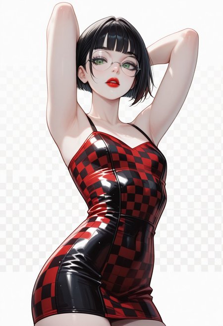 masterpiece, best quality, 32k, high resolution, absurdres, JeddtlIL, dtlys, hyper-detailed, Polly, PollyRH, short hair, bobcut, black hair, bangs, green eyes, small breasts, almost flat chest, slim, pale skin, big round eyeglasses, clear eyeglasses lenses, red lipgloss, black and white background, Checkered background, checkered tube dress, red and black dress, tight dress, pinup pose, shadow, aesthetic, cowboy shot, hands behind head, parted lips, dynamic shot,