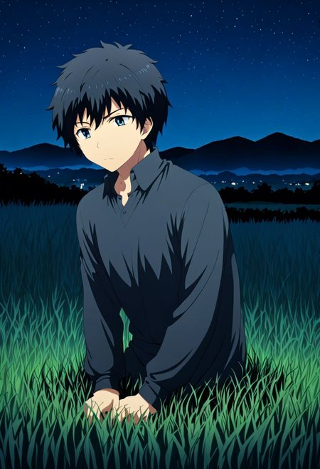 high resolution, solo, best quality, 1Boy, Arata Kaizaki, Black Hair, grass, middle night, sky night, OverallDetail