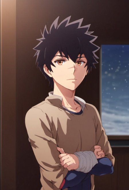 high resolution, solo, best quality, 1Boy, Kanata Hoshijima, Black hair, Brown Eyes, Arms crossed, sleeves pulled down, warm, cozy,