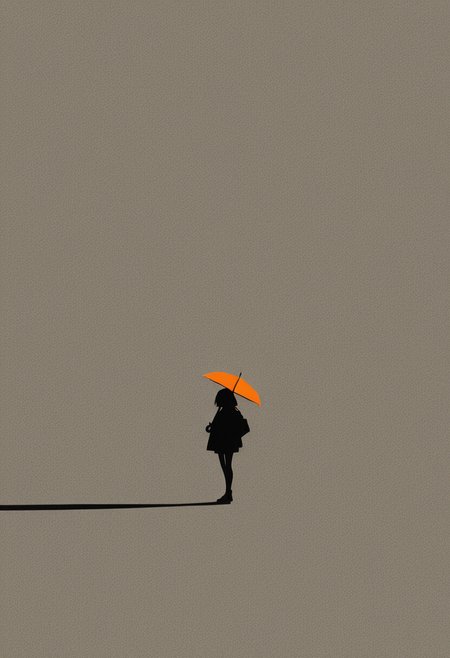 masterpiece, best quality, amazing quality, 1girl, closeup, orange umbrella, very aesthetic, absurdres, newest, high-contrast, intense shadow illustration, shiny, gloss, (flat color:1.3), (black outline:1.2), (bold, thick outlines:1.4), (smoky colors:0.5), intense shadow, detailed illustration