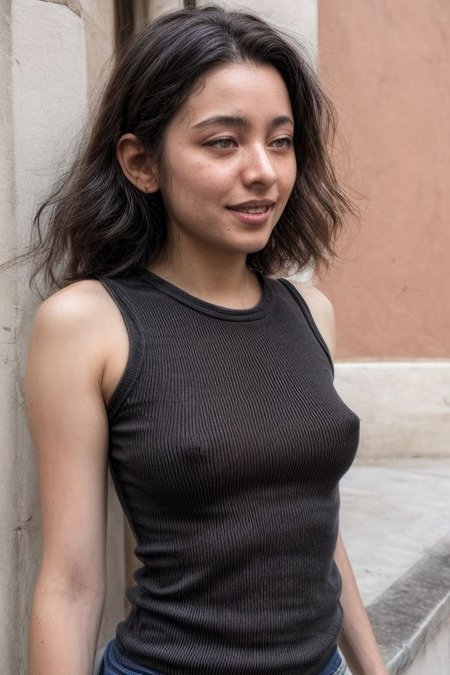 (cowboy shot, (side view:1.1)), Italian woman with long curly black hair, braless, (swooping breasts:1.1), big perky boobs, big nipples,hard nipples, big areola, <lora:swooping_breasts-SD-1.0:1.2>, masterpiece, best quality, absurdres, highres, 4k, ray tracing, intricate details, highly detailed,  <lora:real_skin:0.7> skin, Rome view from balcony, Rome, knowing smile, blushing, shy, loos spaghetti strap tank top, lacew tank top, perky medium boobs,