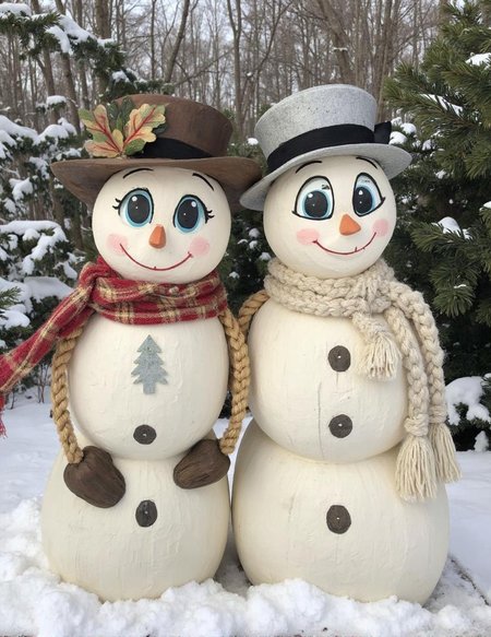 <lora:ck-LttleGhost-000011.safetensors:1> in the style of ck-lttlegh0stI present two 10-inch snowman figurines, crafted from durable materials for outdoor use. Their wooden limbs and mason-type face exude a rustic charm, while large eyes and stitched nose add playfulness. Warm smiles evoke a sense of friendly fun, perfect for winter scenes. A pair available in diverse expressions.