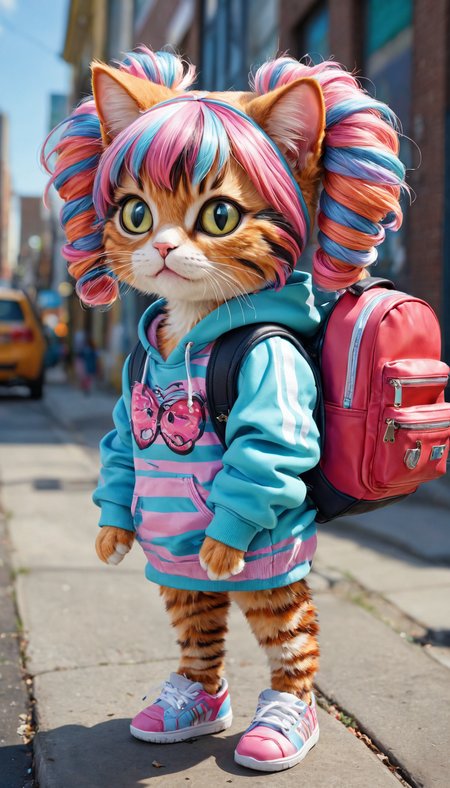 Hyperrealistic anthropomorphic cat wearing twintails wig, wearing  stripe print urban clothing, high detail, dynamic composition, vibrant colors, intricate patterns, ultra-quality, street fashion, detailed textures, realistic fur, modern accessories, backpack, hoodie, realistic shadows, urban setting