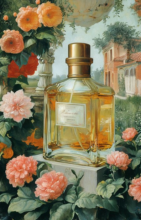masterpiece,best quality,<lora:tbh197-sdxl:0.9>,illustration,style of Masaccio A bottle of perfume in garden