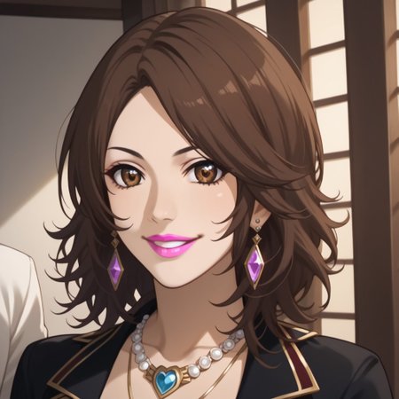 score_9, score_8_up, score_7_up, Expressiveh, detailed face, perfect face, detailed eyes, (pink lipstick:1.5)
tsubaki sawabe, very lomg hair, bangs, brown hair, brown eyes, (japsale:2), jewelry, (necklace:1.5), (long earrings:1.5), (large breasts:1.5)
In a dimly lit, opulent jewelry store nestled within the heart of Tokyo, the camera focuses on a woman with cascading black dresses and a radiant smile that lights up her face. Her eyes sparkle with a captivating grin as she stands before an exquisite display of diamonds, her elegant form clad in tailored black pants and a sleek blouse, the spotlight casting a dramatic contrast between her and the glistening jewels behind her. The camera angle slightly elevated from the ground, emphasizing tsubaki's allure as she invites viewers to join her in a tantalizing exploration of luxury and fashion.