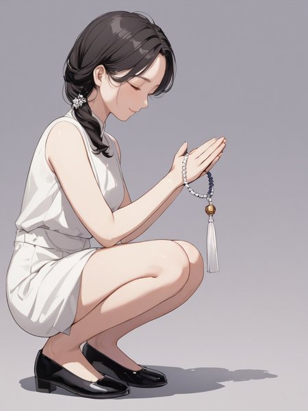 masterpiece,ultra-detailed,best quality,8K,illustration,cute face,clean skin ,shiny hair,girl,ultra-detailed-eyes,simple background, <lora:add-detail-xl:1> <lora:jyuzu_XL_V1.0:1> jyuzu, own hands together, holding, jewelry,from side,squatting,thighs,shoes,close eyes