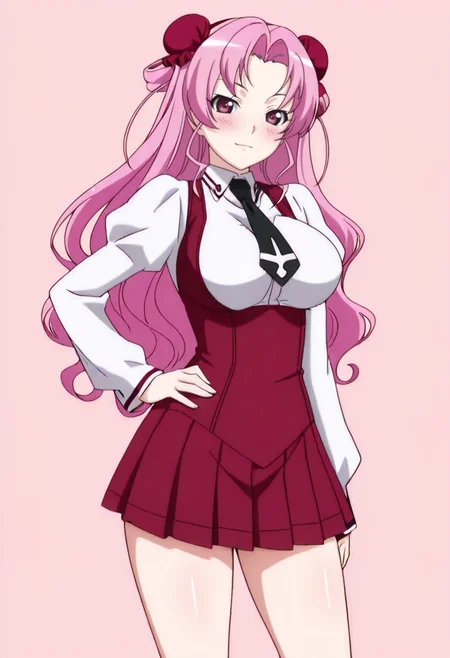 masterpiece, best quality,
1girl, solo, cowboy shot,
standing, hand on own hips,
looking at viewer, blush, light smile,
<lora:Miyuri_Tsujido:1> M1y0r1Ts0j1d0, pink hair, double bun, long hair, pink eyes, 
school uniform, necktie, skirt, pleated skirt, long sleeves, 
pink background, simple background,