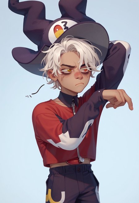 Score_10, Score_9, Score_8_up, Score_7_up, Score_6_up, 
1boy, solo, qu1nn, white hair, dark skin, dark-skinned male, heterochromia, red eyes, yellow eyes, 
mascot costume, disguise, dancing,
tired eyes, grunt, frown, annoyed,