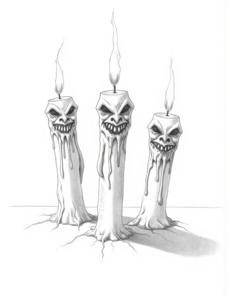 Halloween_Art_Style_Concept, A pencil drawing of three dripping, twisted candles with eerie, flickering flames. The wax appears to be melting into the shape of sinister faces, with sharp, hollow eyes and crooked grins. Cobwebs stretch between the candles, and the shadows they cast on the surface seem to twist and move like creeping creatures.
