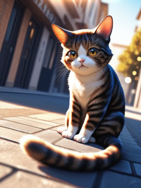 masterpiece, best quality, amazing quality  WaiIL25PosD  dutch angle 1other animal cat sitting on street animal focus