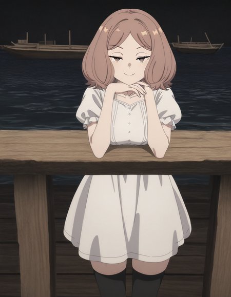 masterpiece, best quality, newest, absurdres, highres, safe,, <lora:mage-edel-s1-illustriousxl-lora-nochekaiser:1>, edel, brown hair, brown eyes, medium hair, medium breasts, anime screencap, thighhighs, dress, black thighhighs, white dress, short sleeves, puffy sleeves, puffy short sleeves, dock, water, boats, wood, mooring, smile, head rest, smug, looking at viewer, solo,, cowboy shot, solo