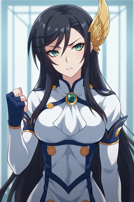 score_9, score_8_up, score_7_up, BREAK,  <lora:neversaint-guy-PONYv1:1>, 1girl, solo, breasts,  <lora:ror_brunhilde_ponyXL:0.9> rorbrunhilde, black hair, hair ornament, dress, white ascot, elbow gloves, fingerless gloves