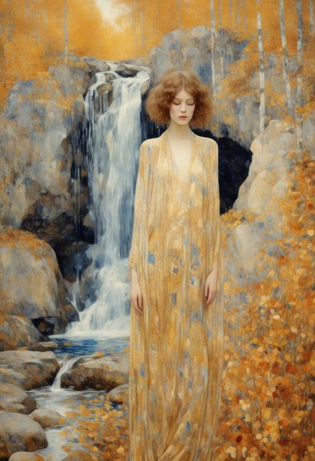 klimt style,1 girl yoga under a waterfall, horizon with big rock formations mountains in the background, transparent fabric wet fabric on a perfect girl model,  solo ,masterpiece, full body girl, pale skin, bathing in a river, in a lush forest, real gold and blue color, autumn leaves