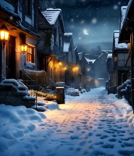 night sky, light, moon, clock  <lora:DarkAlley:1> snowfall frost ice frozen icy path with footprints (icicles:1.4) hang from the eves the warm glow comes from the frosted windows starry night mooon_halo large (tall clocktower:1.3) winter (footprints:1.7) worn trail contrast detail dynamic lighting shadows warm cosy light from windows vanishing point road tyre tracks ((gold|orange|yellow) windows) road cobblestone tiled_roofs tudor_building_style Wattle and daub snowing snow covered iron_gate litchgate steeple weather vain path <lora:detail_slider_v4:3>  <lora:epi_noiseoffset2:0.7>  BREAK black cat foreground
