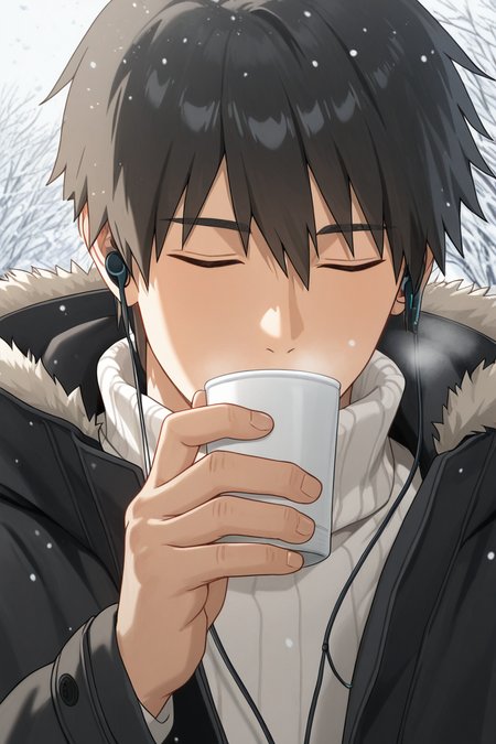 realistic shading, natural lighting, male focus, looking away, expressive face, doujouts, black_doujouts_male hair, closed eyes, 1boy, covered mouth, happy, shiny skin, holding, drinking cup of coffee, boyfriend cosplay, earphones, white turtleneck, black open coat, outdoors snowing, from below, dutch angle, dynamic angle, intricately detailed illustration, depth of field, masterpiece, best quality, amazing quality, very aesthetic, absurdres, newest, anime screencap