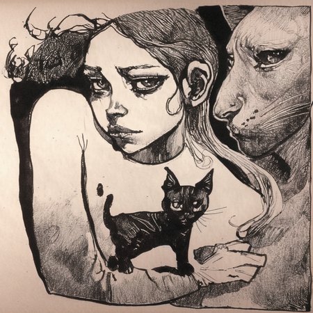 drawix20 girl and cat, very detailed, black ink <lora:drawix20:1>