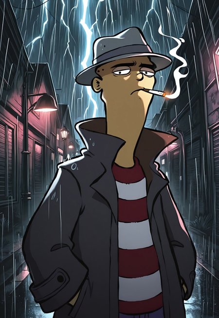 Masterpiece, best quality, 8k, newest, absurdres, highly detailed, 1boy, solo, edboi, white sclera, black pupils, mnbrow, grey fedora, black trenchcoat, striped red and white shirt, serious expression, smoking cigarette, leaning on lamppost, dark urban alley background, raining, lightning, street lights, noir vibe, detailed background, noir