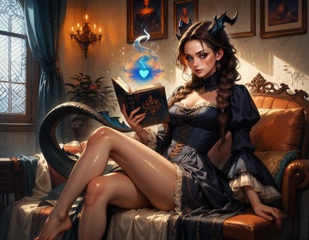 score_9, score_8_up, score_7_up, score_6_up, score_5_up, score_4_up,  1girl, sitting in living room, reading a book, elegant, Victorian outfit, mature woman, dragon girl, tall, skinny, feet, (black scales:1.2), dragon tail, erotic, seductive, sexy, thighs, horns, (glowing body, glowing heart:1.1), dark skin, black skin, evil smirk, luminescent, blush, freckles, bob hairstyle, braid, long hair, brown hair, shiny skin, black scales, laces, Victorian, skinny, thighs, magic bedroom, blue theme
