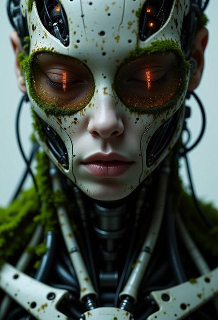 ajweathbo. Eerie head Closeup, A bleaked atmospheric Photo with neon orange glitches, a White robot Portrait of a exoskeleton girl. neon-mist, futuristic cyborg body with exposed wires, cables and mechanical parts, desolate weathered and overgrown with wet moss