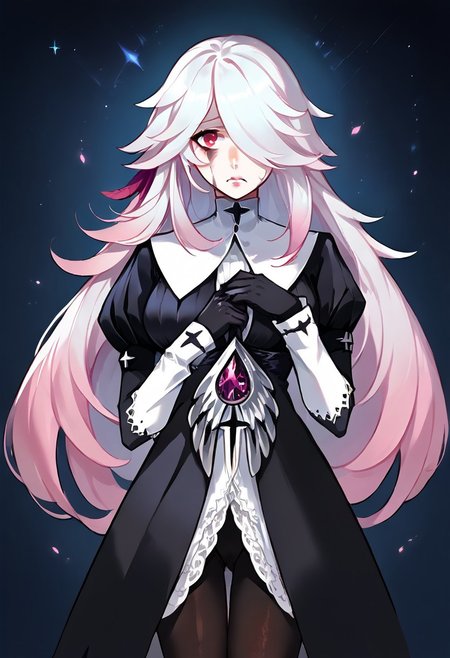 SCORE_9, SOURCE_ANIME, SOLO, 1GIRL, CHIARA, WHITE HAIR, PINK HAIR, GRADIENT HAIR, RED EYES, HAIR OVER ONE EYE, HAIR TIED, TEAR MARKS, NUN DRESS, GUIMPE, GLOVES, PANTYHOSE, PORTRAIT, BREAK, IN SPOOKY FOREST, NIGHT