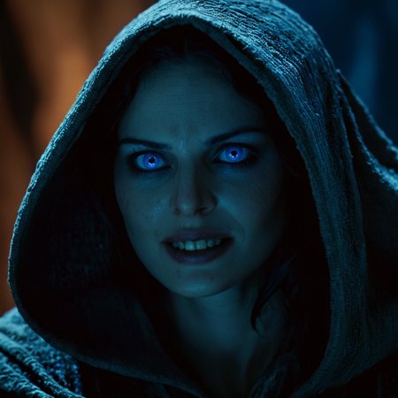 Horror-themed, cinematic film still of  <lora:add-detail-xl:0.1>1
<lora:detailed:0.2>
<lora:perfection style:0.2>
<lora:eyetune:0.5>
 <lora:xl_more_art-full_v1:0.3>
 <lora:Ron Fricke style:0.3>
 <lora:The Passion of the Christ style:0.9>
 <lora:TeethXL:1>
In the 1st century ancient history, an epic dramatic cinematic photo of a devil with a hood on in a dark room,1girl,solo,looking at viewer,smile,blue eyes,teeth,portrait,blue theme,realistic ,horror movie themed, sharp, detailed, epic photography, artistic, dramatic light, cinematic style, film style, The Passion of the Christ style, Eerie, unsettling, dark, spooky, suspenseful, grim, highly detailed