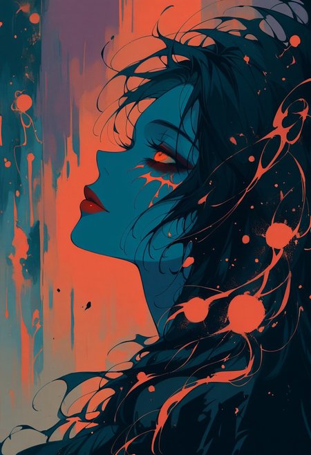 Silhouette Art, magnificent. female dark mage, long black hair, bangs, dark eyeshadow,  red lips, porcelain pale skin, imbued with a dark malevolent beauty, sexy black mage gown featuring arcane symbols embroidered in its fabric, closeup portrait, abstract red-tinged background suggesting a forest glade
BREAK
cinematic angle, unique perspective, dramatic lighting
BREAK
Release me in the fray
Your fever driven craze
Release me, devastatе
Let Hircine guide your way into thе bloodlust