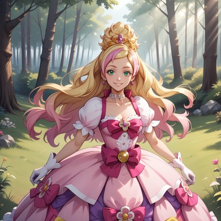 score_9, score_8, BREAK, solo, cure flora-ME,half updo,very long hair,gradient hair,blonde hair,pink hair,streaked hair,white gloves,earrings,puffy short sleeves,tiara, pink dress,white gloves,gown,waist bow,layered dress,pink bow,dress bow,dress flower,brooch,choker,green eyes,adult female,mature female,breasts, sexy pose, self portrait, smile, outdoors, sunlight, shadows, evening lighting, natural lighting, forest, trees, grass, orange sky, sunset