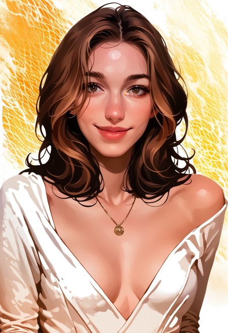 score_9, score_8_up, score_7_up, score_6_up, source_cartoon, 1girl, female, solo, femenine, petite, lean, pale skin,, soaking wet hair, smile, diaphonous white dress, bronze necklace, medium breasts, female focus, official style, close up, perfect anatomy, perfect face, standing,  abstract beauty, beautiful, centered, looking at the camera, approaching perfection, dynamic, moonlight, highly detailed, watercolor painting, artstation, concept art, smooth, sharp focus, illustration, portrait